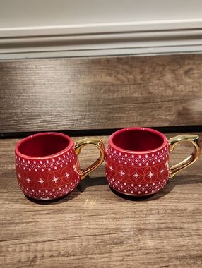 Like New Red Ceramic Holiday Mugs with Gold Handles - Set of 2